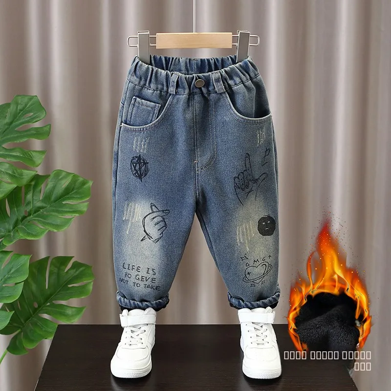 

Утепленные флисовые детские джинсы для мальчиков, зимние длинные брюки, модные молодежные популярные джинсы со средней посадкой и прямым кроем