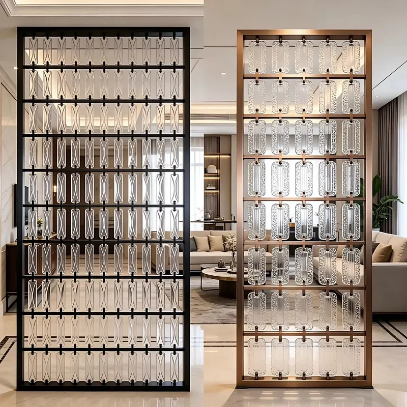Gold Stainless Steel Glass Room Divider LED Illuminated Decorative Partition Screen for Hotel Lobby Villa Restaurant