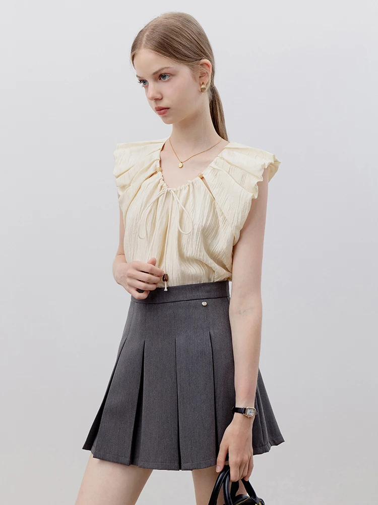 

EGGKA Бежевый плиссированный топ с 3D-эффектом и уникальным дизайном, с бисерной отделкой, женская летняя блузка из полиэфирного волокна