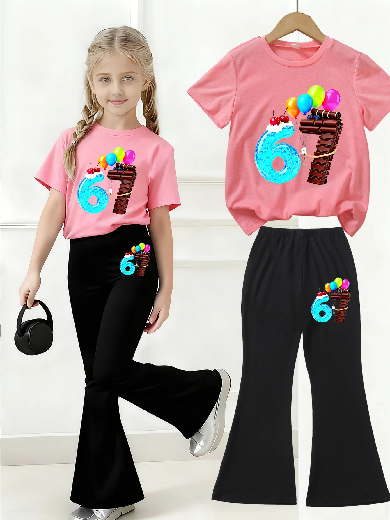 

Colorful Balloons 67 Digital Print Short-Sleeved Set Children's Fashionable Casual Multi-Purpose T-Shirt Flared Pants 2piece Set