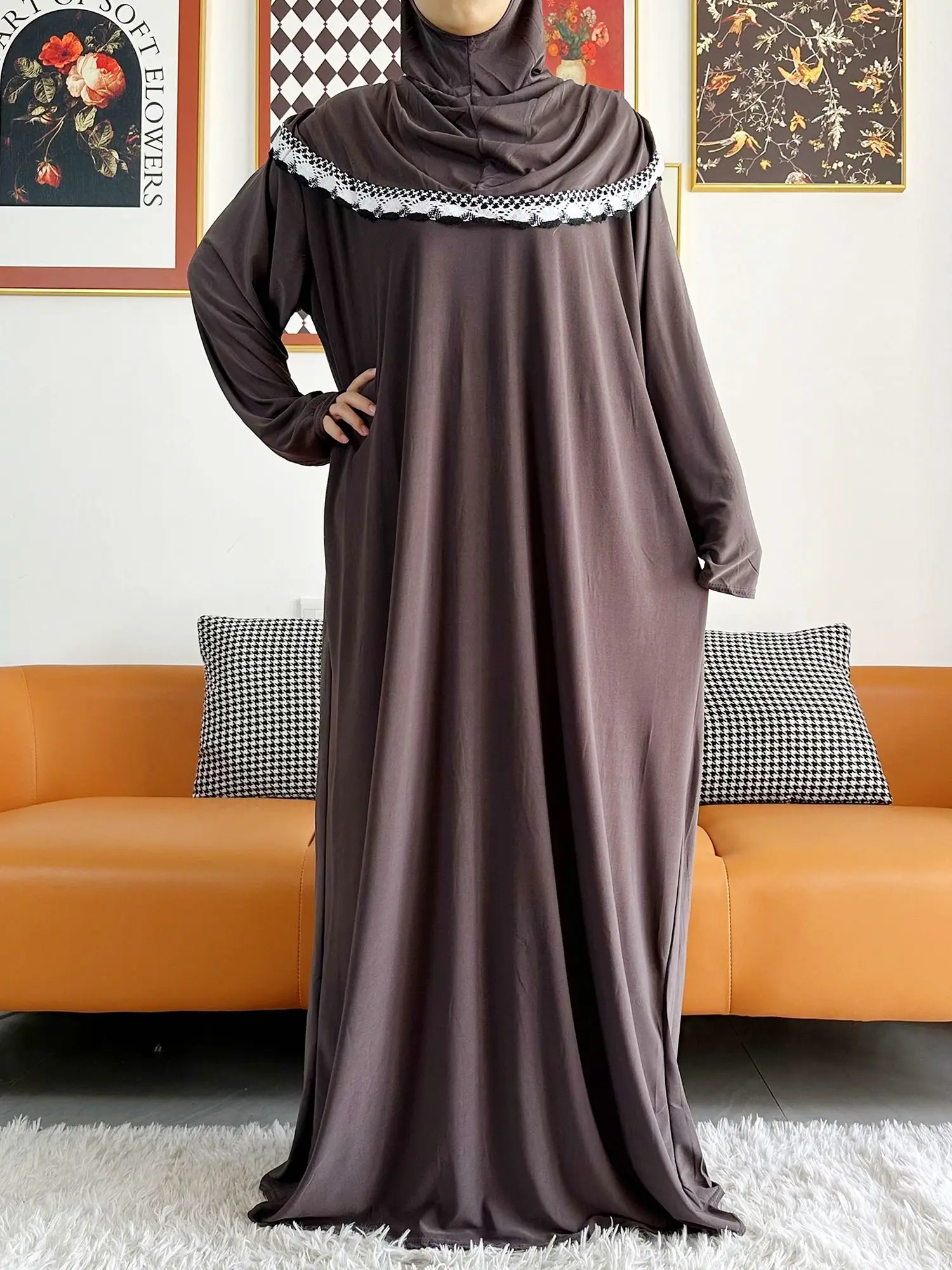 2023 Muslim Solid Cotton Abaya For Women Ramadan Prayer Garment Joint Hat Dubai Turkey Middle East Femme Robe Floral Loose Dress