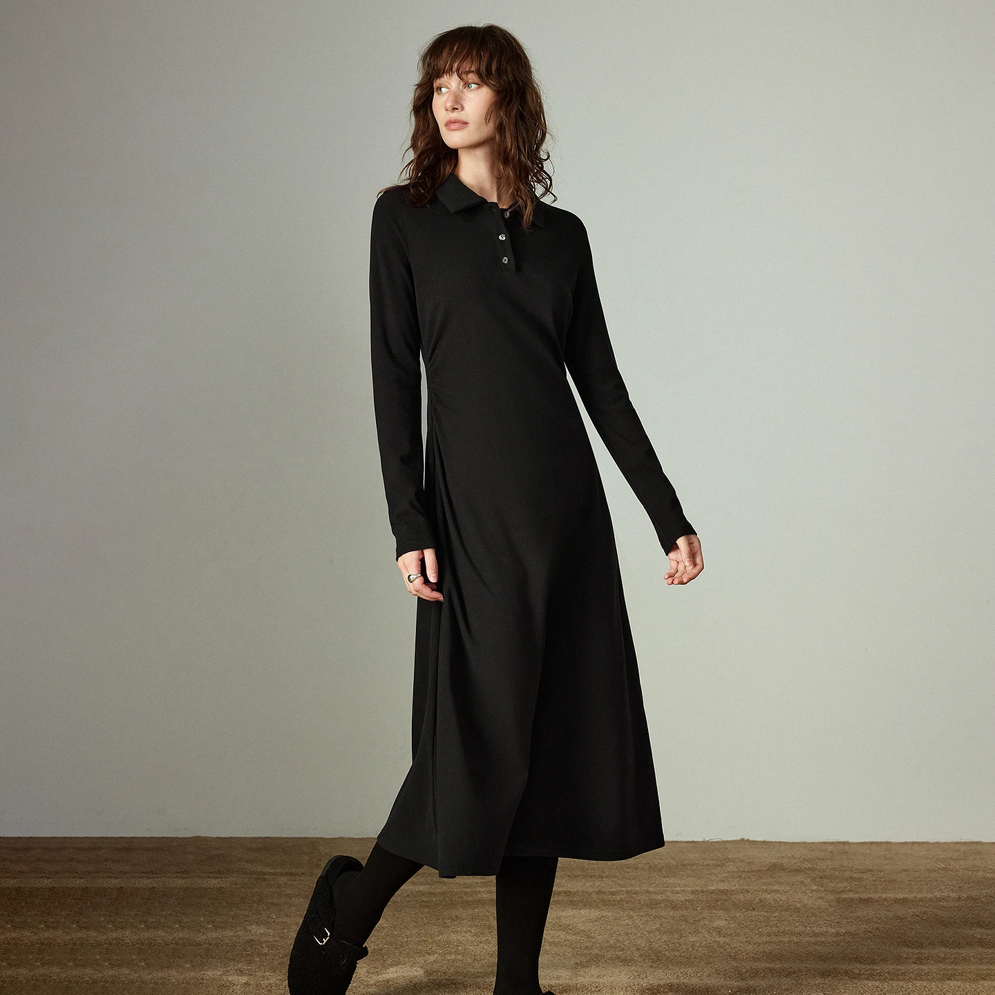 TOYOUTH Vestidos femininos 2025 inverno novo vestido polo de comprimento médio com babados na cintura vestidos de camada de base quente