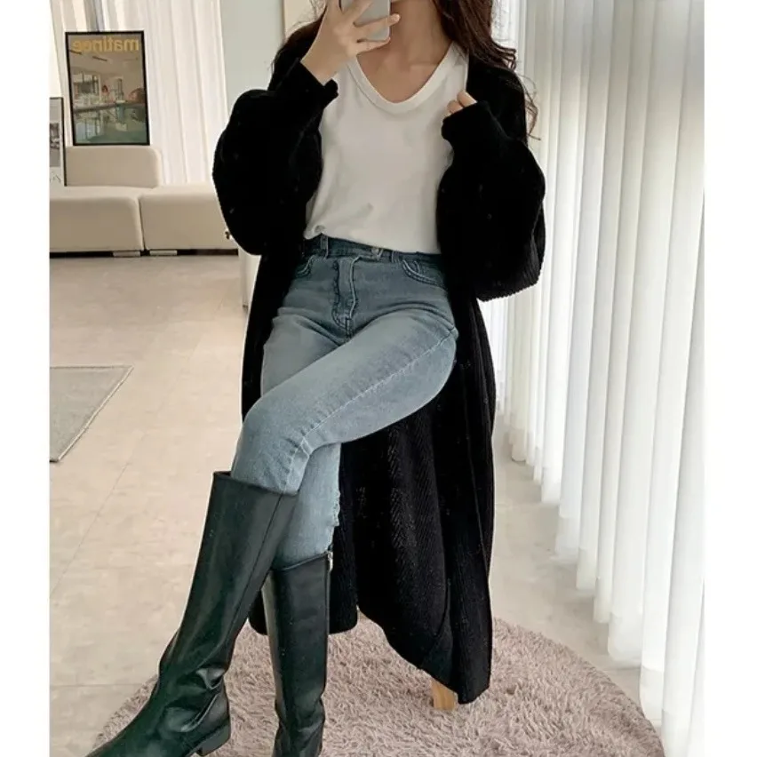 Elegancki sweter dziergany Jaet damski o luźnym kroju, ocieplany, jesienno-zimowy długi top, wysokiej jakości, miękki, wygodny, uniwersalny płaszcz wierzchni.