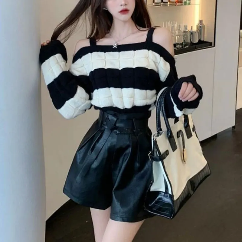 Stylish Slash Neck Off Shoulder Jumpers Autumn Winter Loose Striped Female Clothing Korean Contrasting Colors Knitted Sweaters