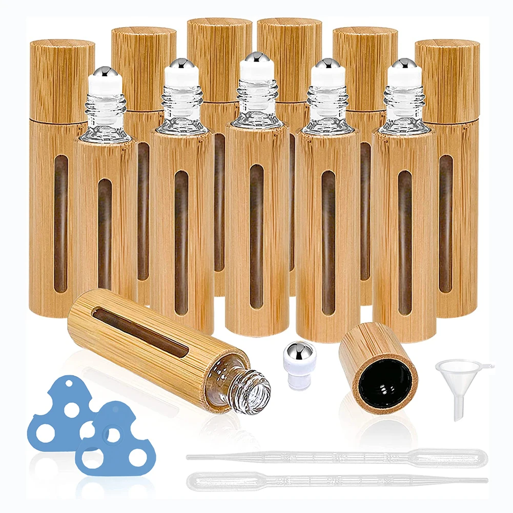 

12Pieces 10ml Essential Oils Roller Bottle Bamboo Roll-on Bottle With Metal Ball for Essential Oils With Funnels,openers