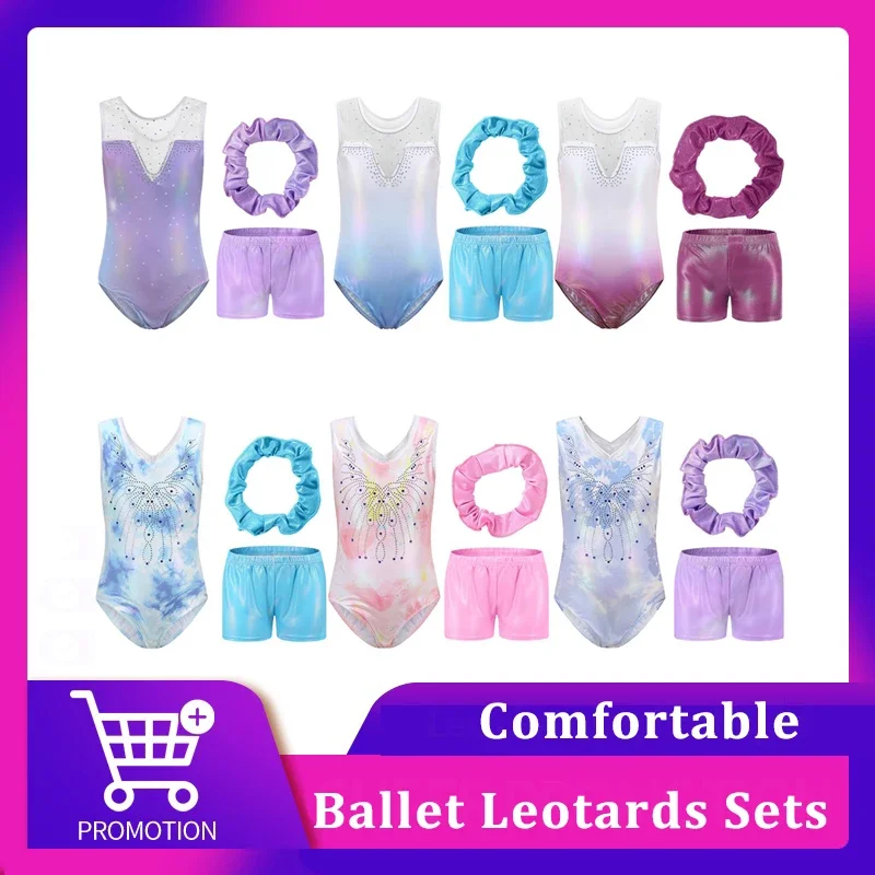 Kids Girls Ballet Leotards Gymnastics Costume Sleeveless Dance Leotard Bodysuit With Headband Soft Ballerina Training Shorts