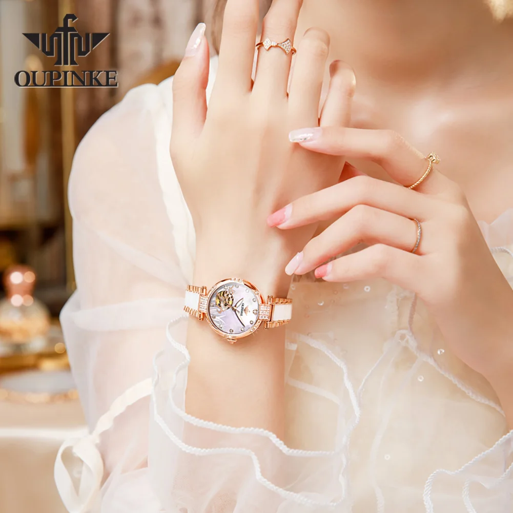 OUPINKE 3211 Automatic Mechanical Men's Watch Waterproof Luminous Stainless steel Ceramic Strap Women Wristwatch