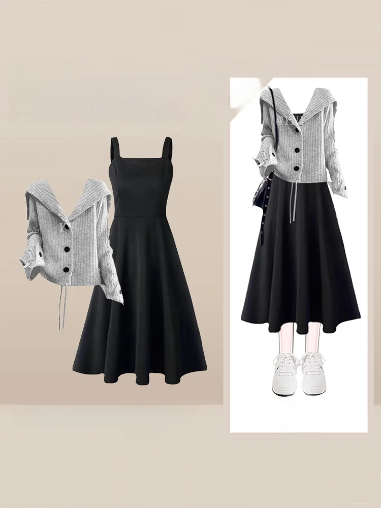 

Autumn Winter Navy Collar Design Knitted Sweater Women's Lazy Style Open Cardigan Top Black Knitted Strap Dress Set