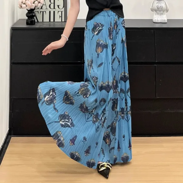 แฟชั่นสบายๆอเนกประสงค์กางเกงขากว้างMiyakeพิมพ์จีบเอวสูงผู้หญิงเก้านาทีกางเกง 2025 ฤดูร้อนใหม่