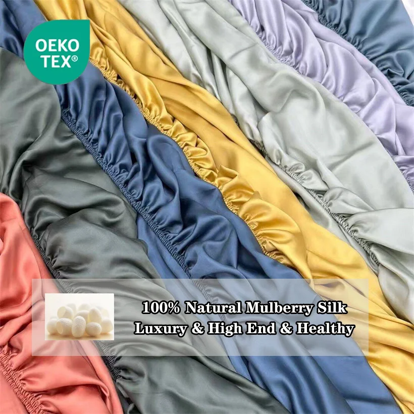 Natural 100% Mulberry Silk Fitted Sheet Mattress Cover Bed Sheets with Elastic Band Queen King Size Luxury High End Silk Bedding