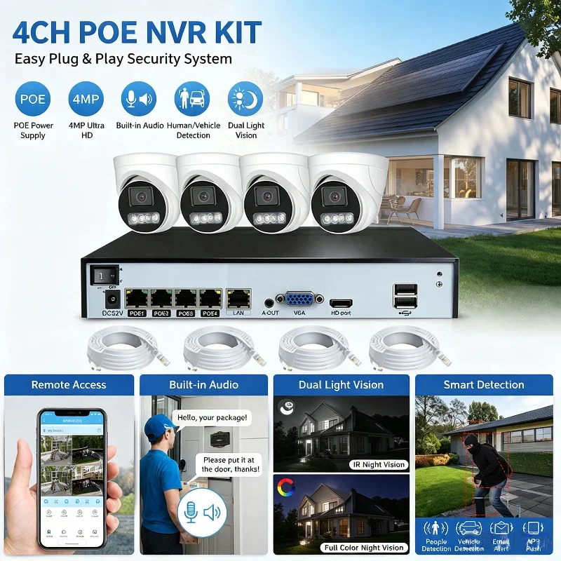 Psennikow Security Camera 4CH 8MP 4K POE NVR Kit System CCTV Outdoor AI Color Night Vision Video Surveillance IP Camera Set