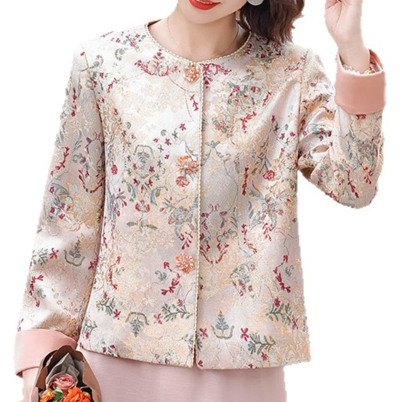 Embroidery Long Sleeve Chinese Style Qipao Tops Round Collar Elegant Women Jacket Daily Casual Vintage Button Blouse Shirt