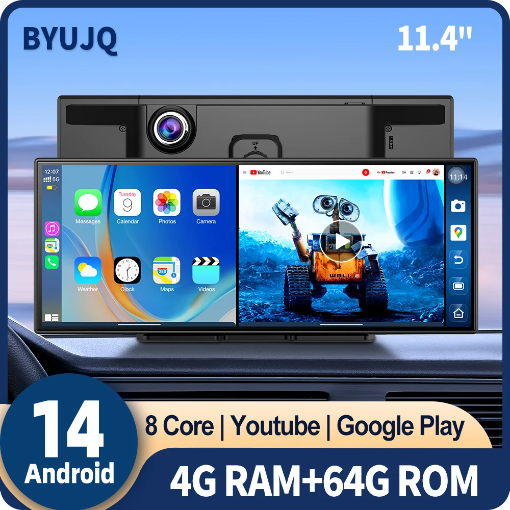 

BYUJQ 11.4'' Android 14 8 Core 4+64G Dash Cam Wireless Carplay Android Auto AI Screen Google Play GPS Navigation Car DVR