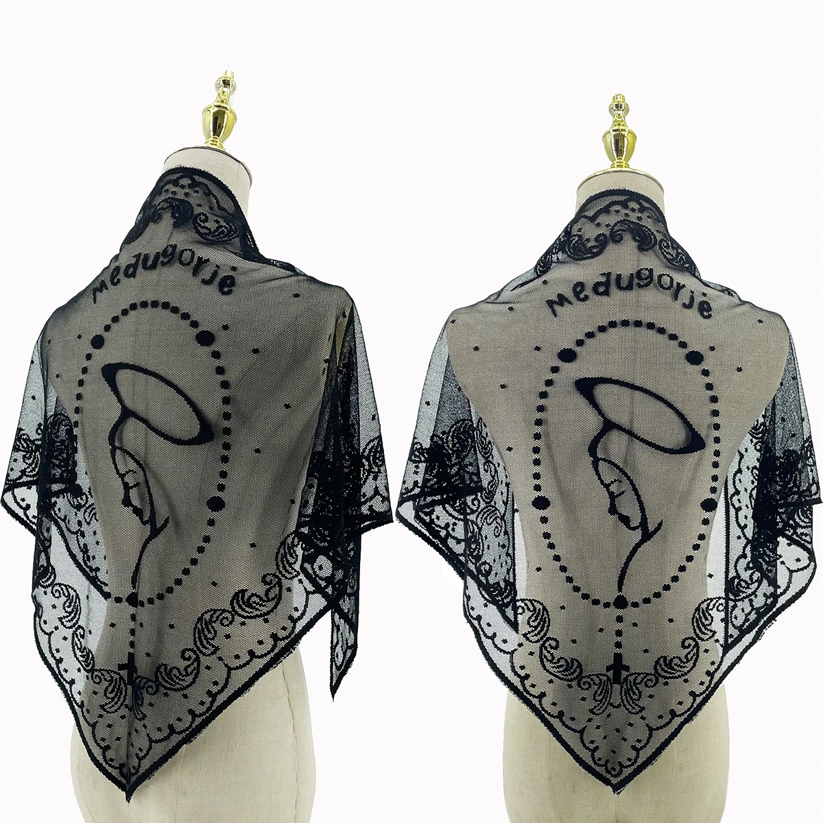 Medugorje Virgin Mary Cross Embroidered Triangle Scarf Shawl Hijab Catholic Church Wedding Veil Religious Party Accessory