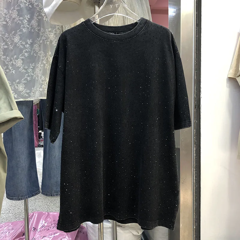 

Babysbreath Hot Drilling Women Tshirts Mid-long Loose O-neck Pullover Top 2023 New Summer All-match Casual Diamonds Female Tees