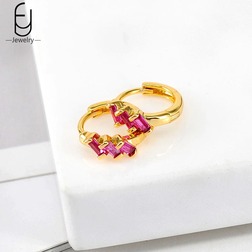 925 Sterling Silver Ear Buckles Fashion Hoop Earrings Rose Red Crystal Pendant Gold Earrings High Quality Women\'s Jewelry Gifts