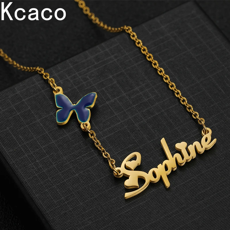 Customized Name Necklace for Women Stainless Steel Chain Blue Butterfly Nameplate Pendant Colorful Oil Choker Jewellery Gift