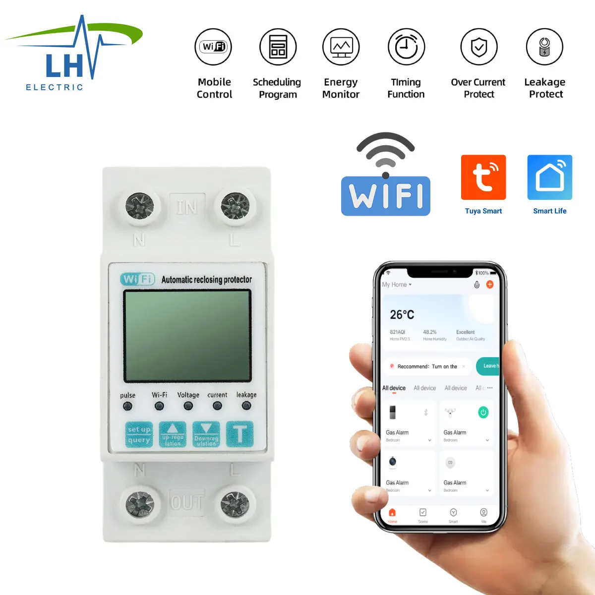 2P 63A TUYA APP WiFi Smart Circuit Earth Leakage Reclosing Over Under Voltage Protector Relay Switch Breaker Energy kWh Meter