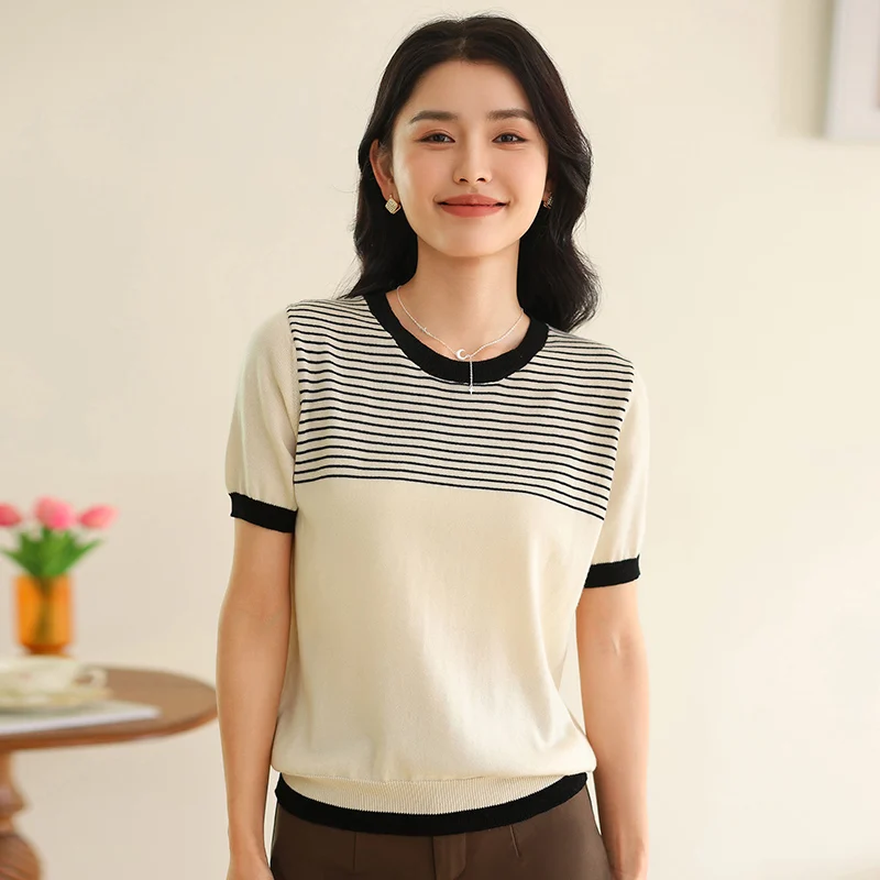 

Women's 100% Cotton Summer T-shirt Short Sleeve O-neck Pullover Color Stripe Knit Tees Outfit Bottoming Wear Tops