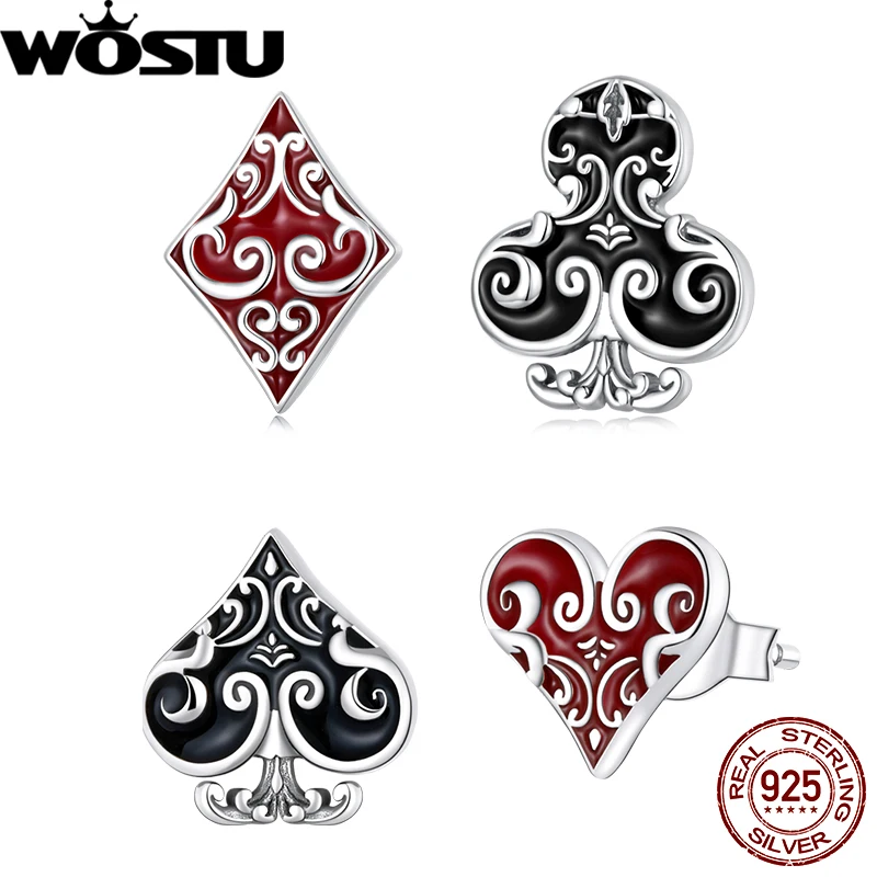 WOSTU 925 Sterling Silver Vintage Asymmetric Poker Spades Stud Earrings Black Red Heart Ear Buckle Fine Jewelry Party Gift