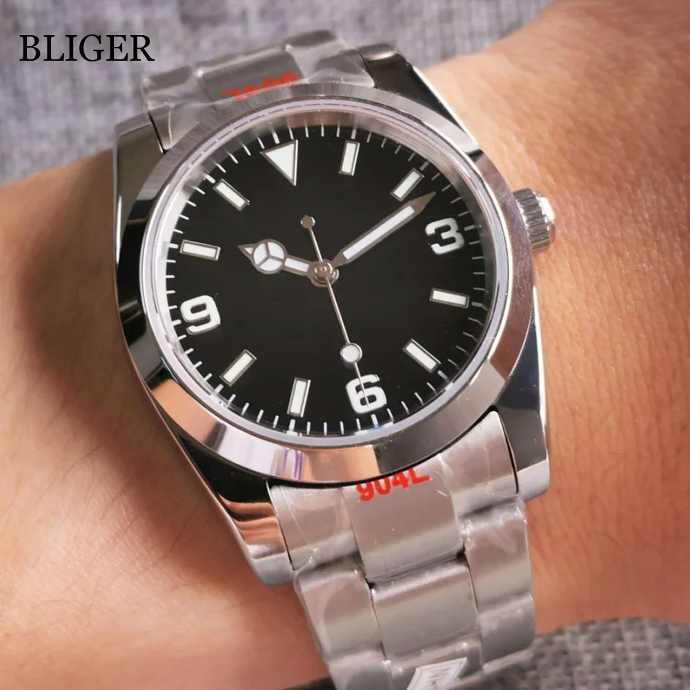 BLIGER 36mm Polished Automatic Men Watch Steel Bracelet NH35A MIYOTA 8215 PT5000 Movement Sapphire Crystal Green Luminous Dial