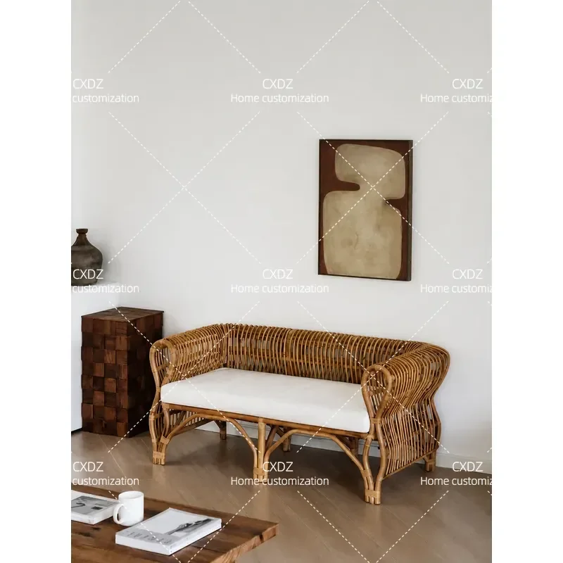 Handmade Rattan Three Seater Sofa Retro Natural Vine Couch for Living Room Hotel Homestay Villa Garden Small Apartment