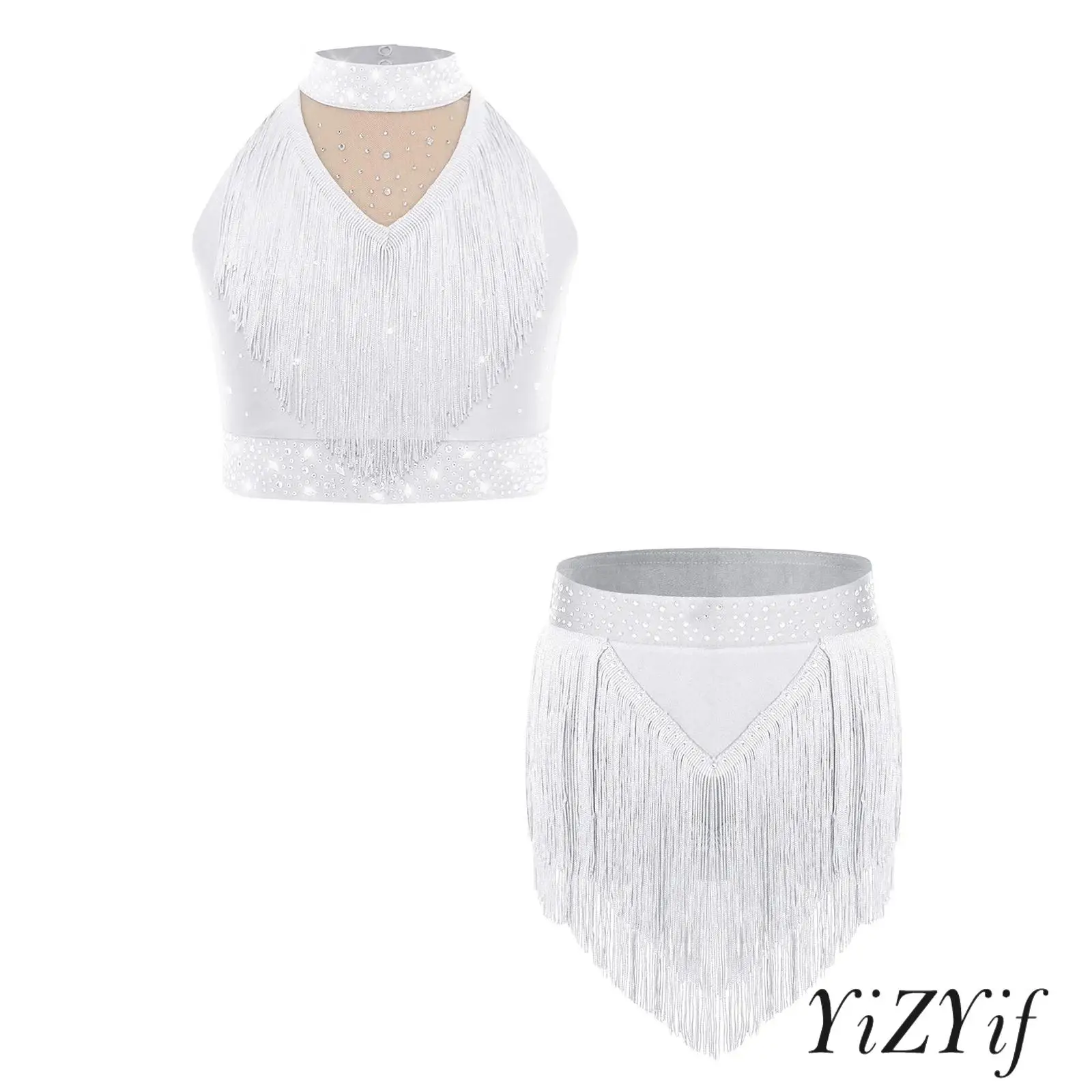 

Girls Sparkling Rhinestone Dance Set Sleeveless Mock Neck Vest with Skirt Fringe Keyhole Back for Modern Latin Dance Stage Shows