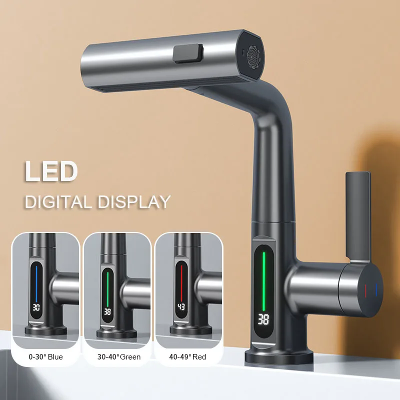 LED Stream Sprayer Kitchen Faucet Pulling Lifting Waterfall Faucets Bathroom Basin Hot Cold Water Mixer Sink Tap Lift Up Down