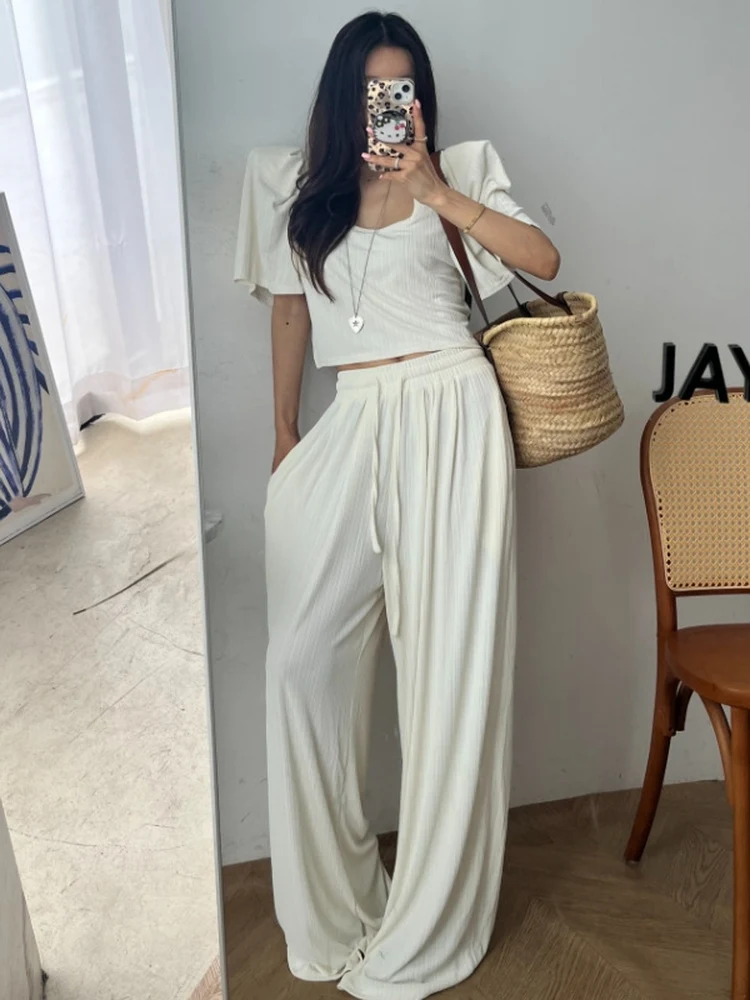 Bubble Sve ort Coat Women's Collar Slim Fit Top And Loose Wide Leg Pants Set Elastic Waisand Versatile Summer Outfit