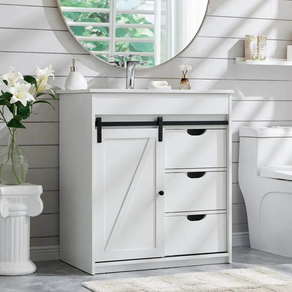 

30 Farmhouse Bathroom Vanity with Sink, Freestanding Bathroom Storage Vanity Cabinet w Sliding Barn Door, 3 Drawers amp Adjusta