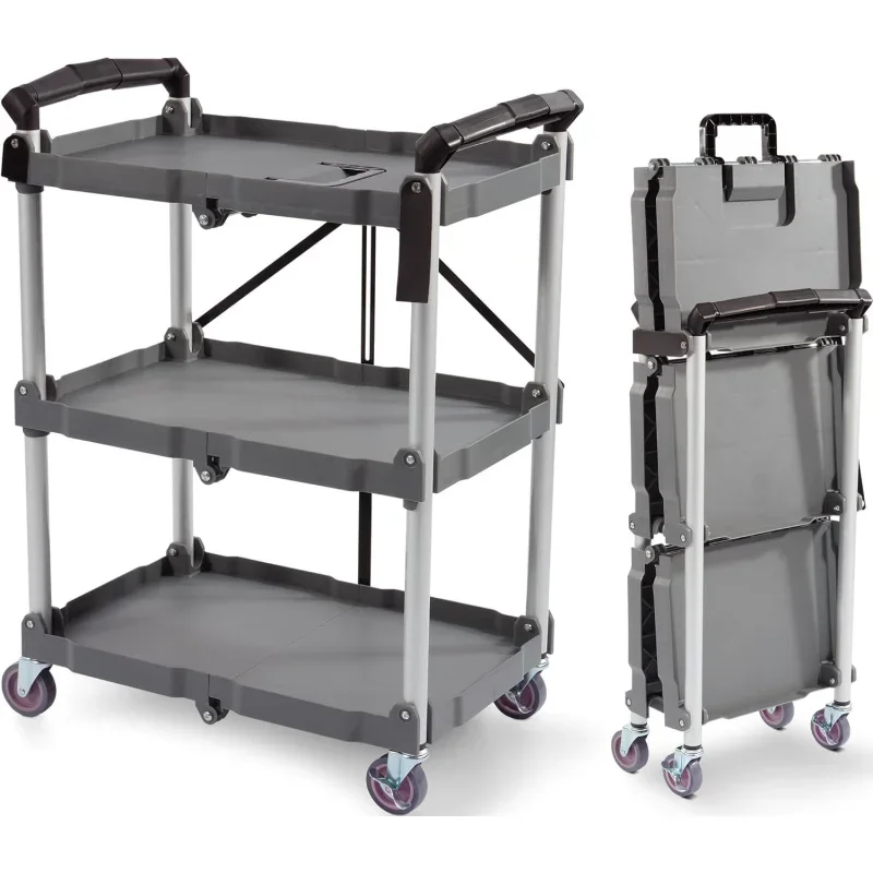 Portable Foldable  3 Tier Push Utility with Wheels Office Warehouse Home, Black