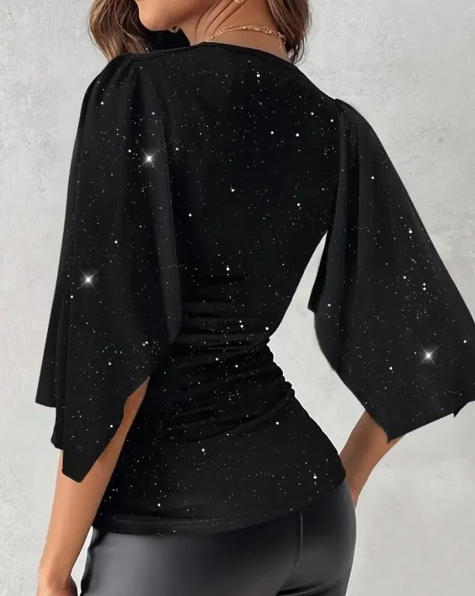 

Allover Sequin Asymmetrical Top for Women Plunge Bell Sleeve Tee Temperament Commuting Autumn Women's Fashion Sexy T-Shirt