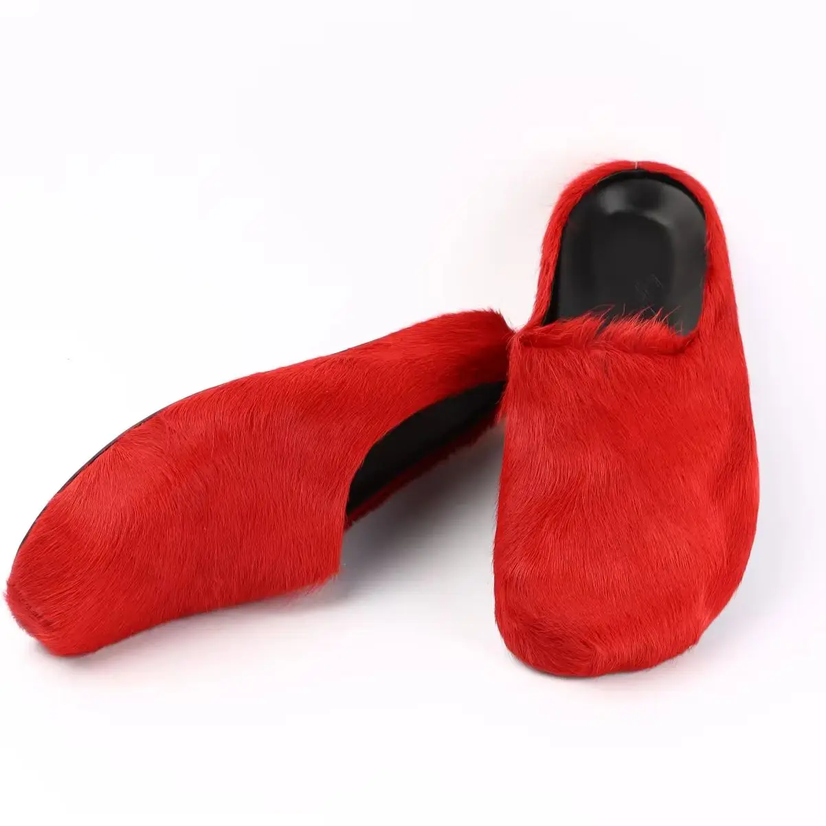 

Real Leather Fur Slippers Men Flat Slides Red Horse Hair Round Toe Covered Toe Shoes Woman Luxury Design Brand Casual Shoes