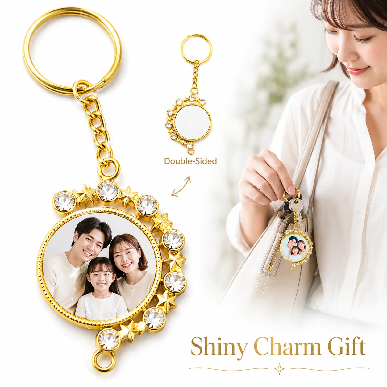 Custom Photo Rotatable Rhinestone 2 Sided Keychain DIY Personalized Picture Keyring Romantic Gift for Couples Birthday Holiday