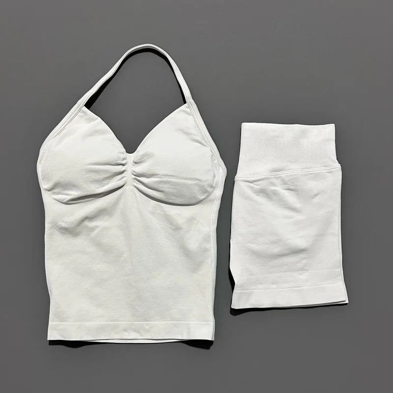 2-delige Histello sportset dames lange top met bandjes naadloze yoga tank scrunch butt workout shorts pak gym sportsets