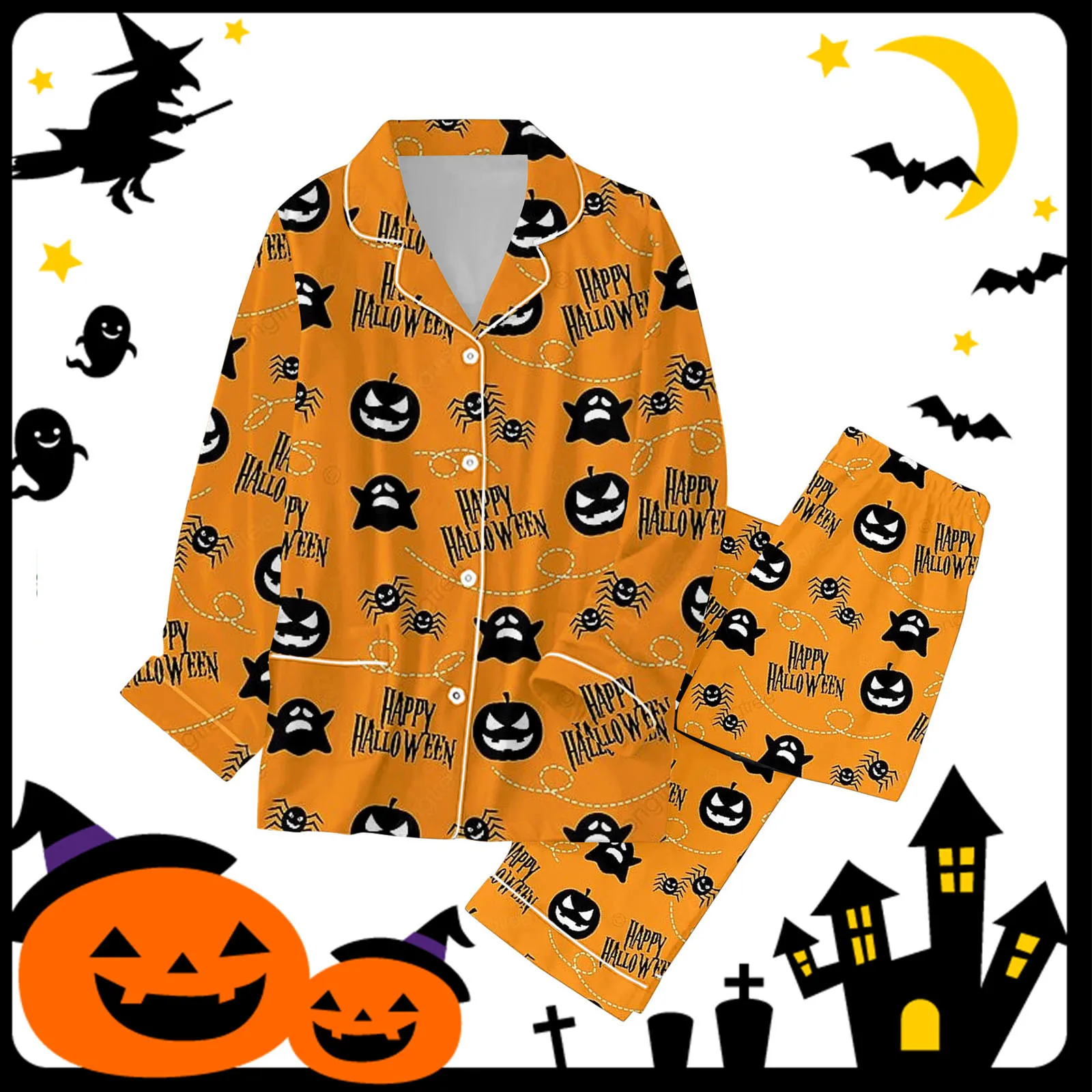 Women 2 Piece Pajamas Set Casual Halloween Ghost Pumpkin Print Long Sleeve Shirts+ Trousers Set Pajamas Women\'s Sleepwear