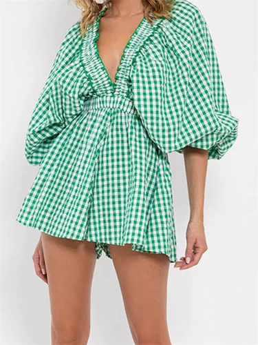 Imagen 2 del producto Monos Cortos de Verano para Mujer, Cuello en V Profundo, Color Sólido/Estampado a Cuadros, Manga Abullonada, Overoles, Ropa de Calle