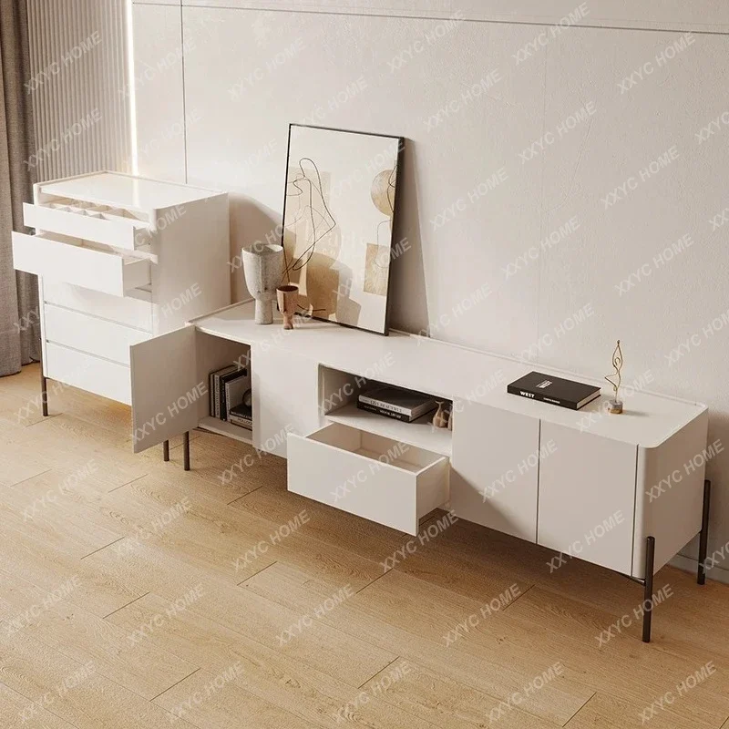 Llight luxury paint TV cabinet living room high foot cream wind wall locker