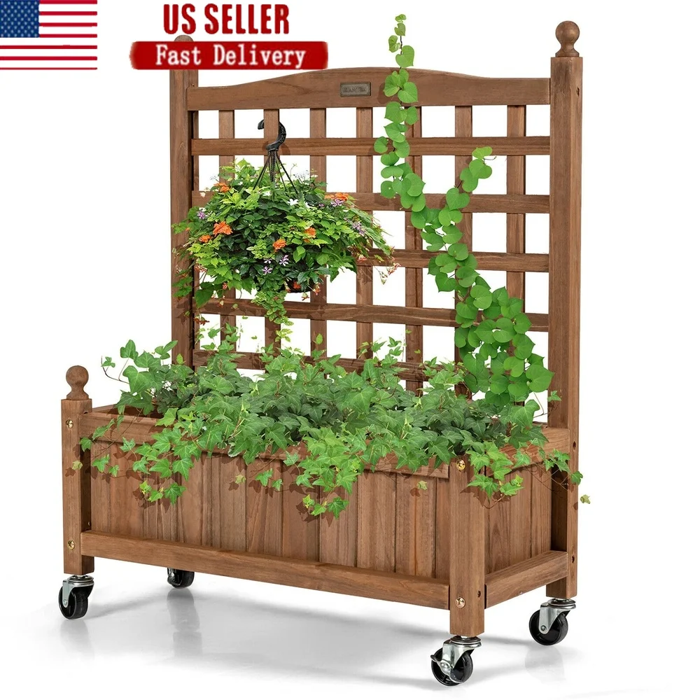 

32in Wooden Planter Box with Trellis Mobile Raised Bed Climbing Plants Indoor Outdoor Garden Use Drainage Hole Stability