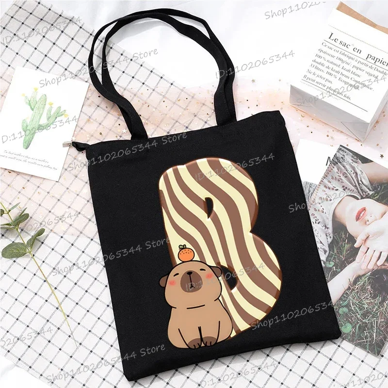 Tote Bag with Cartoon Capybara Alphabet A-Z Reusable Leisure Handbag Y2K Surname First Letter Shoulder Bag Woemn Shopping Bag