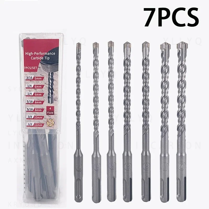 DDUF 7PCS SDS Plus Cross Drill Bit Set 160mm 5-12mm Hammer Masonry Bits for Concrete Cement Brick Block Wall Drilling Tool