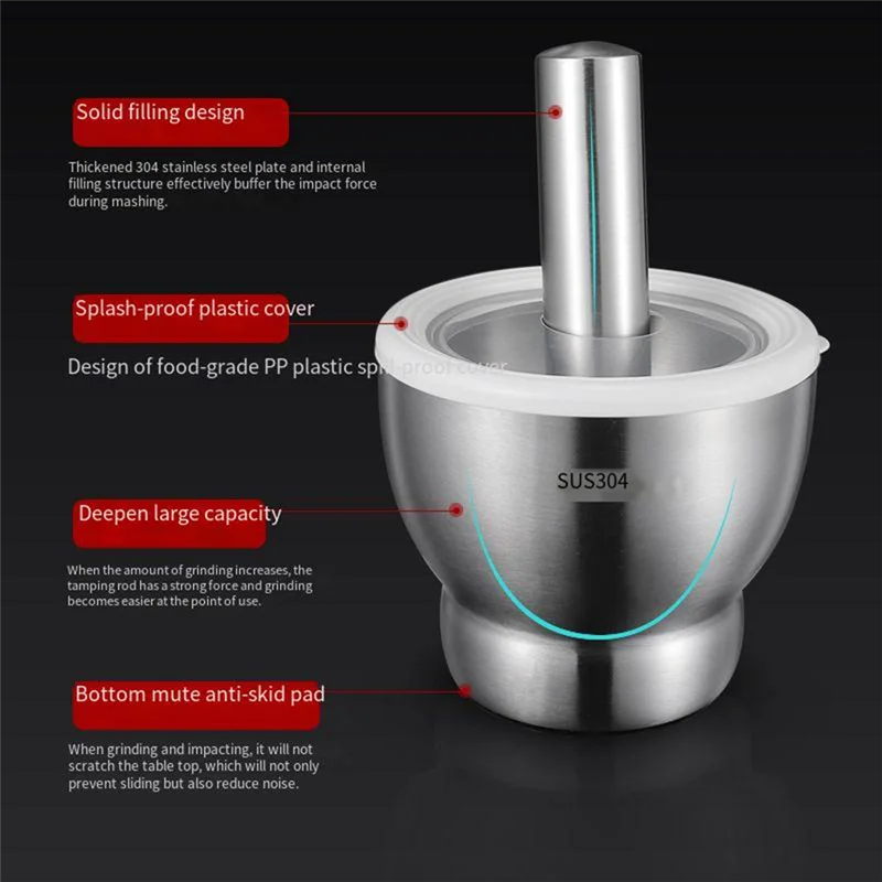 

Practical-304 Stainless Steel Masher Solid Garlic Masher Household Grinding Masher Garlic Masher Garlic Mortar Grinding Bowl