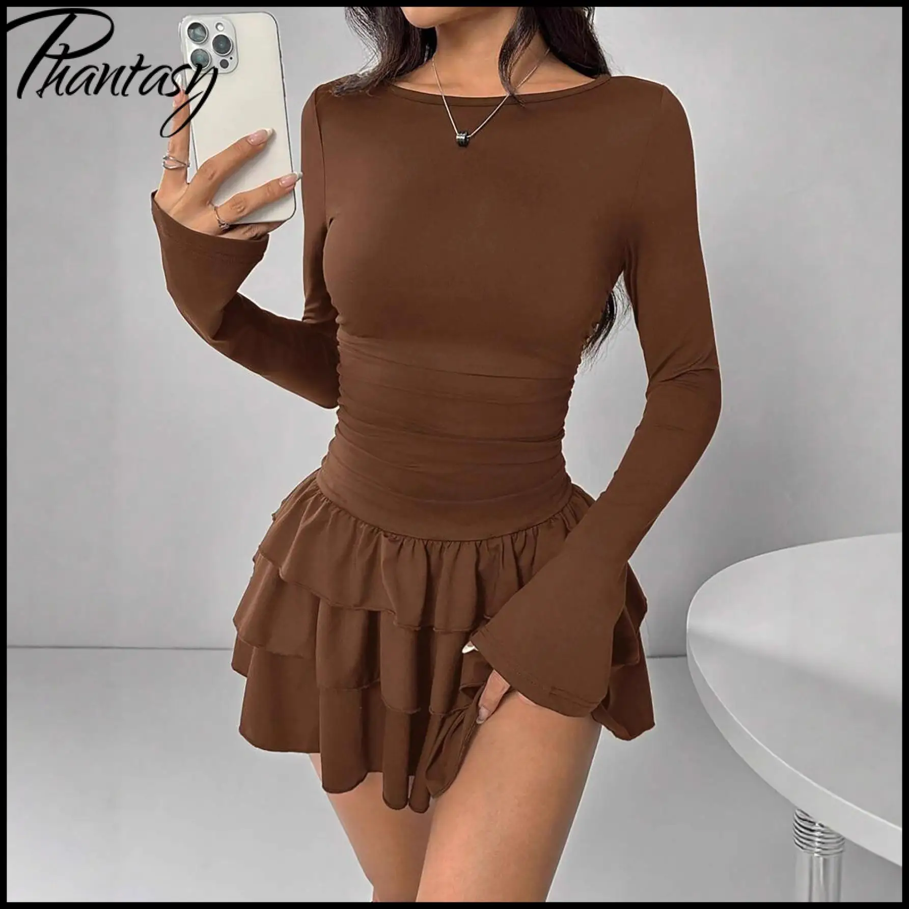 

2026 Spring New Arrival Casual Basics Long-Sleeve Crew Neck Puffy Skirt Dress Solid Slim Elegant Dress for Women Night Out
