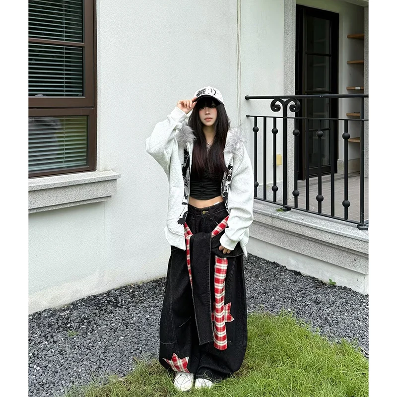 Czarne gotyckie jeansy baggy damskie w stylu japońskim Y2K z lat 2000, emo, szerokie nogawki, spodnie dżinsowe Harajuku vintage oversize, spodnie jeansowe 2025