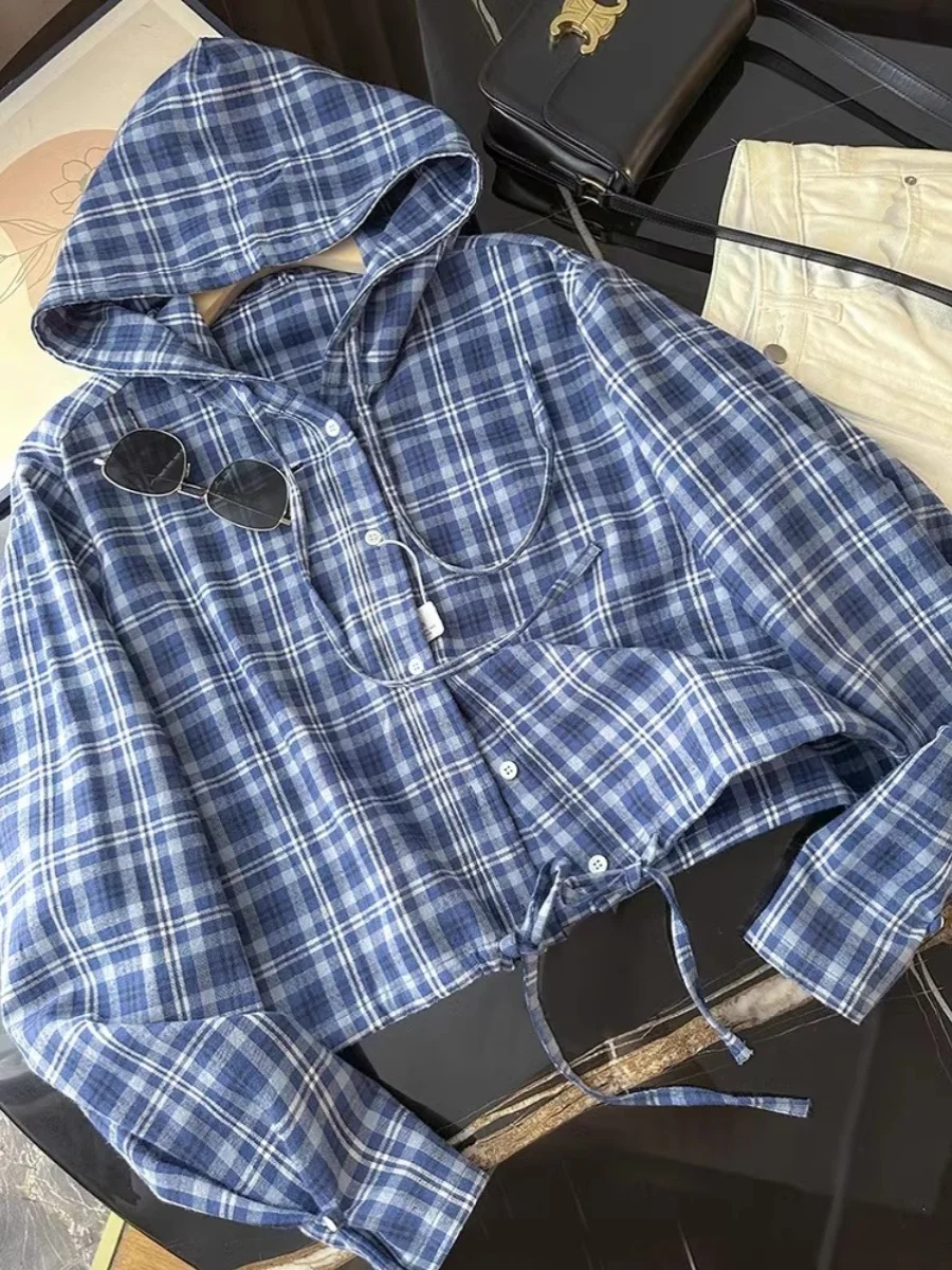 

i Plaid irt Jaet Dstring ort Sle Single Button Autumn Outerwear Ele Quali Women's Faion Premium Brand