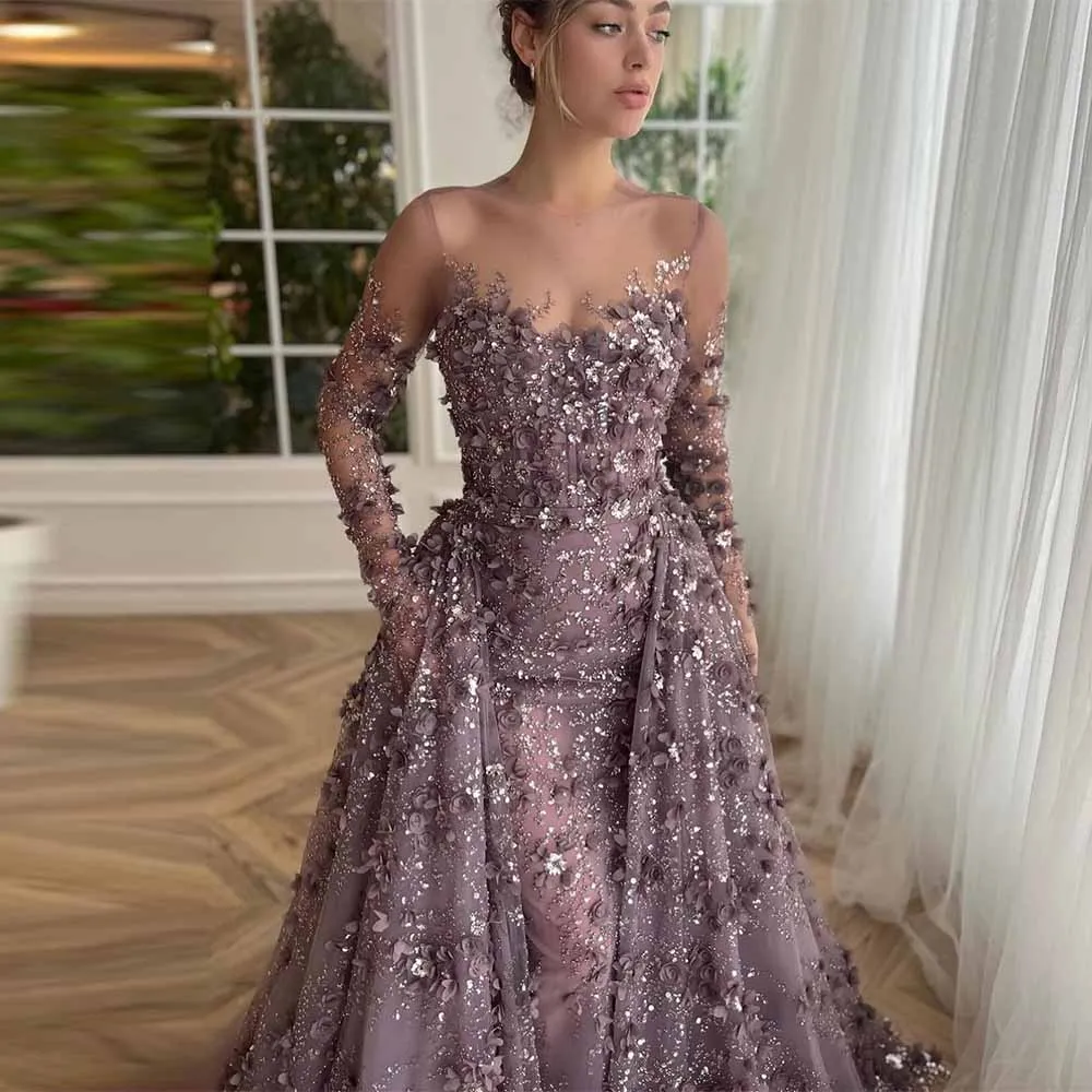 

Dreamy Birthday Party Dresses Lace Sheath Prom Dress Purple O-Neck Applique Belt Ruched Sequined Women Homecoming Dresses Long