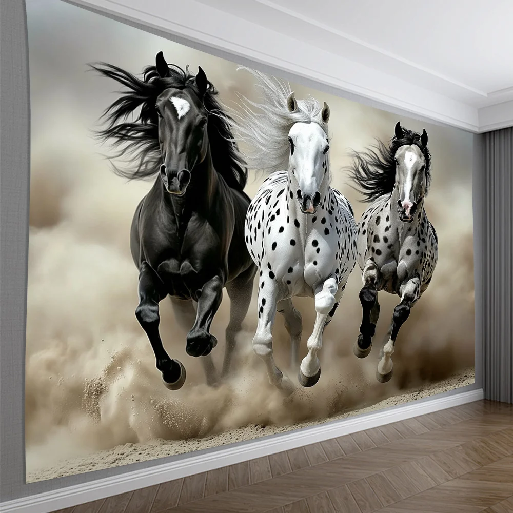 Trippy Horse Tapestry Wall Hanging, Black and White Spotted Horses Running, Dynamic Animal Art Decor for Living Room Bedroom
