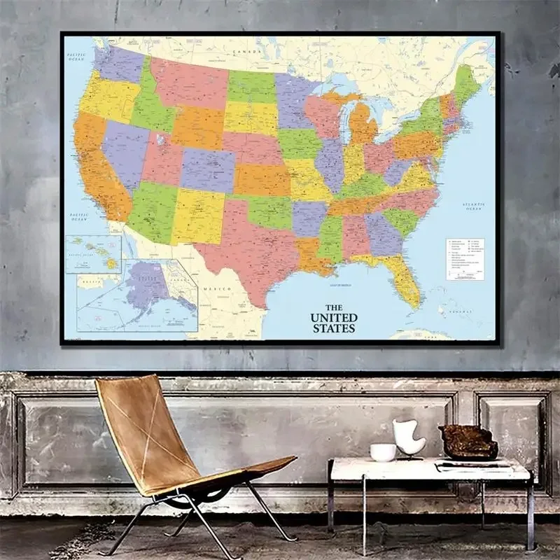 Mappa senza cornice stampata su tela fine formato A2 degli Stati Uniti, decorazione da parete confezionata in rotolo, mappa americana per l'arredamento dell'home office