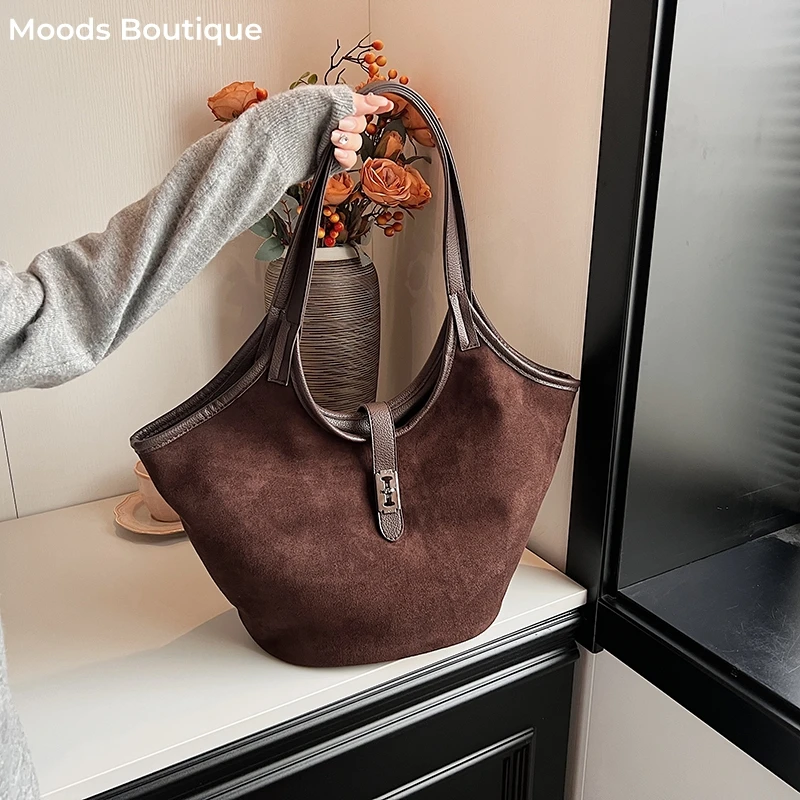 MOODS Mini Bucket Shoulder Bags For Women Faux Suede Commuter Tote Bag Large Capacity Underarm Hobo Bag 2024 Winter New Handbags