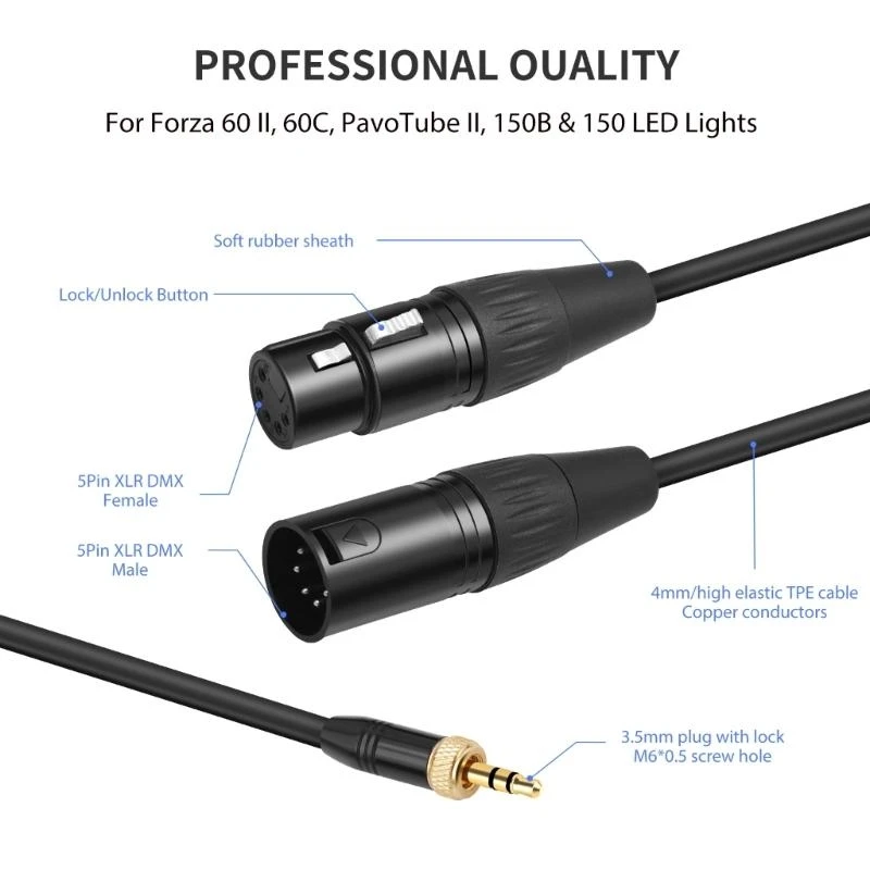 DXAB High Performances 5 Pin 5Pin Cable with 3.5mm Locking Plug for PavoTube II C Series Stable Lighting Connection